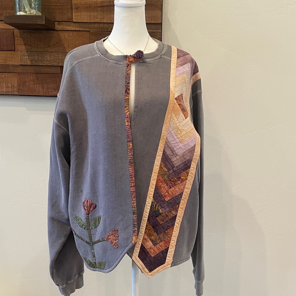 Gray Purple Pigment Dyed Patchwork Sweatshirt Jac… - image 1